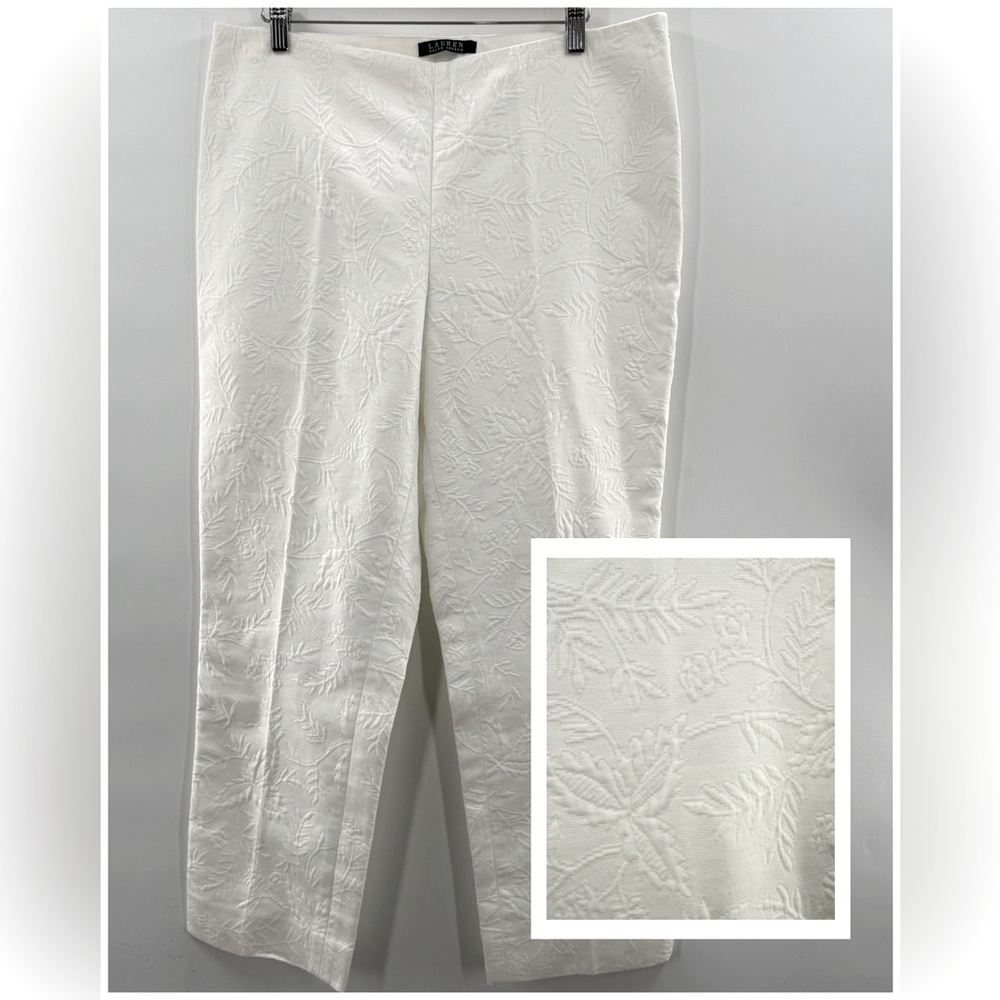 Lauren Ralph Lauren 100% Cotton Embossed Floral Side Zip White Cropped Pants 12